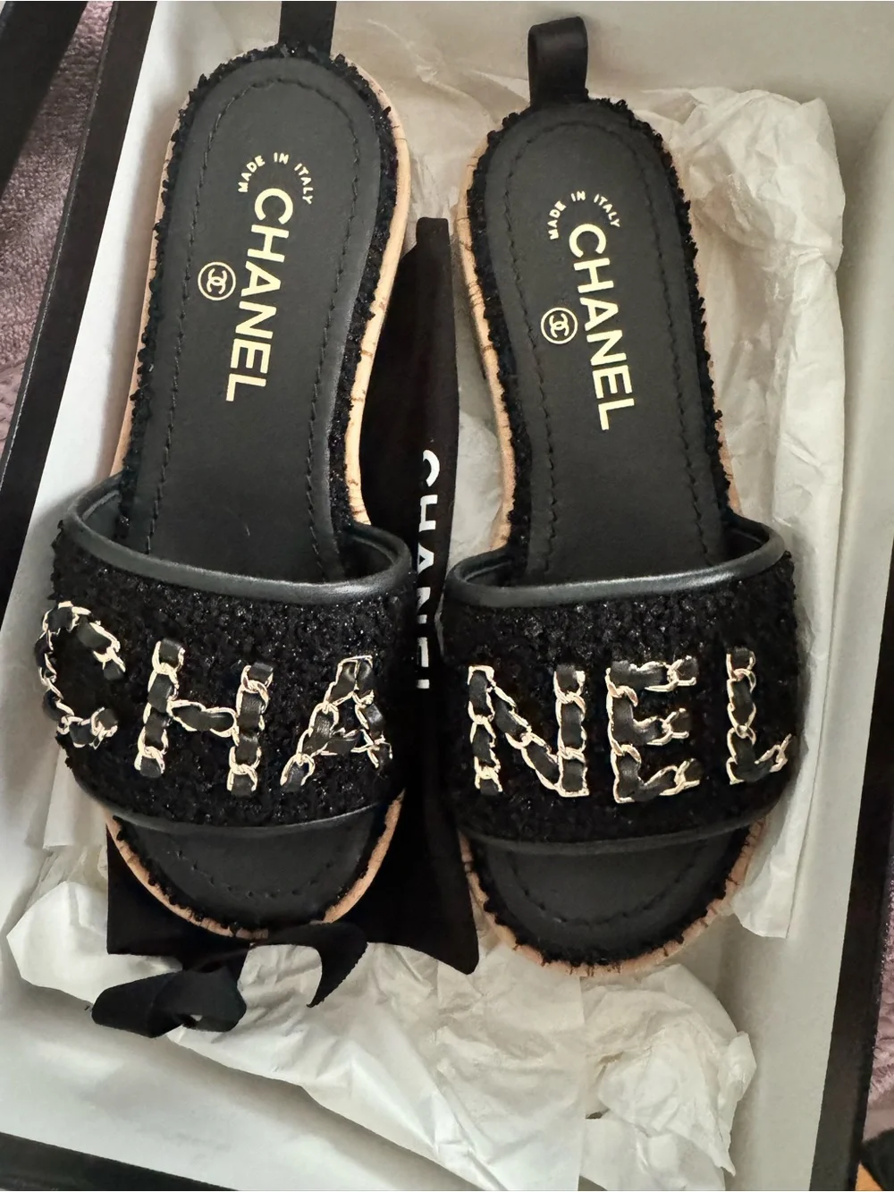 CHANEL Black Tweed Slide Mules with Gold Chain Accent